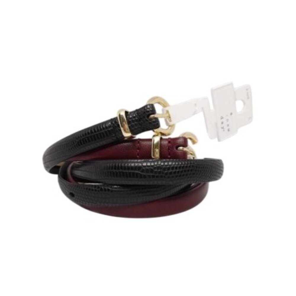 Set Of 2 Womens Skinny Belts With Gold-Tone Buckles In Black & Burgundy